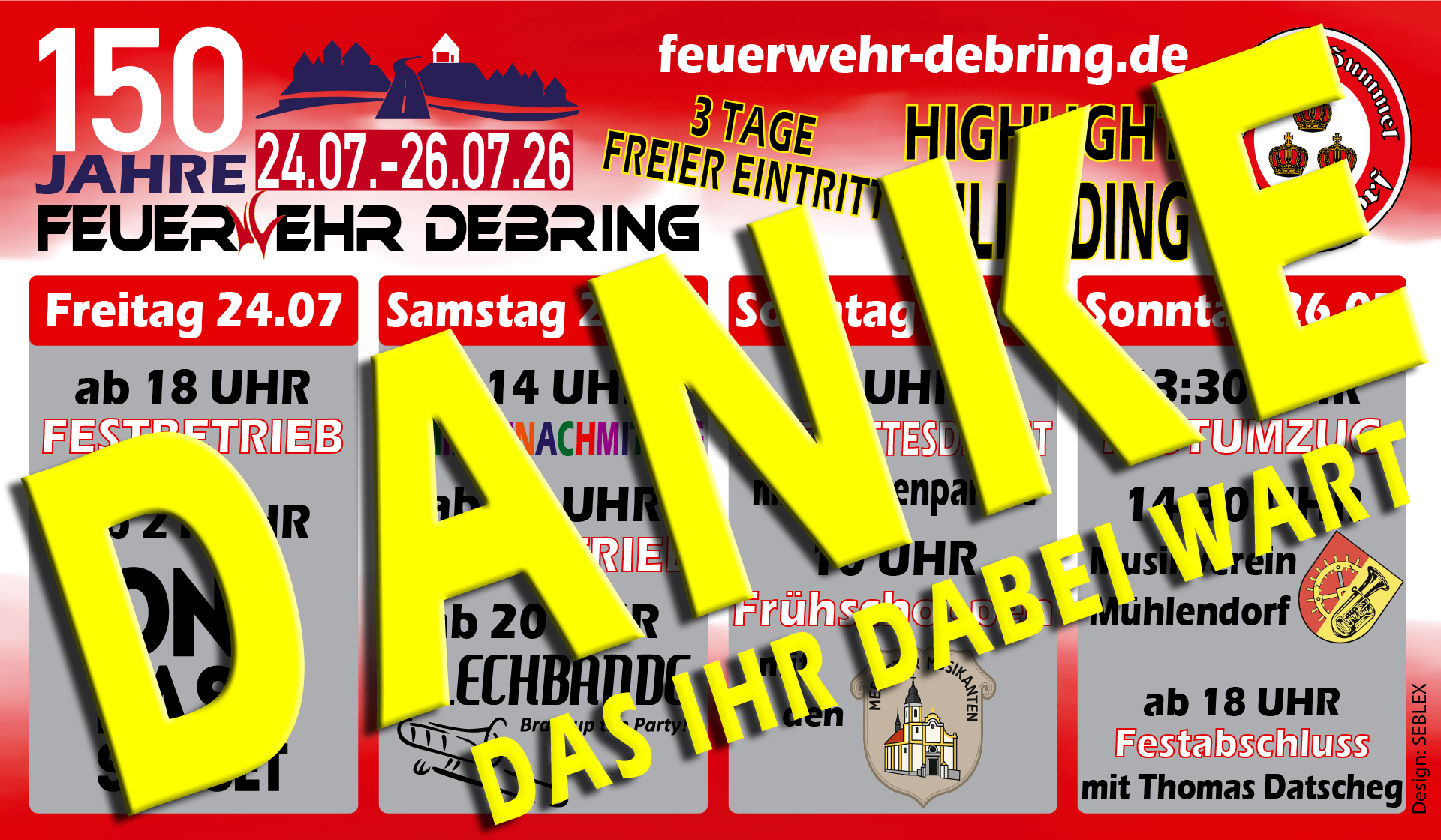 Danke-Schriftzug über Feuerwehrfest-Plakat Debring